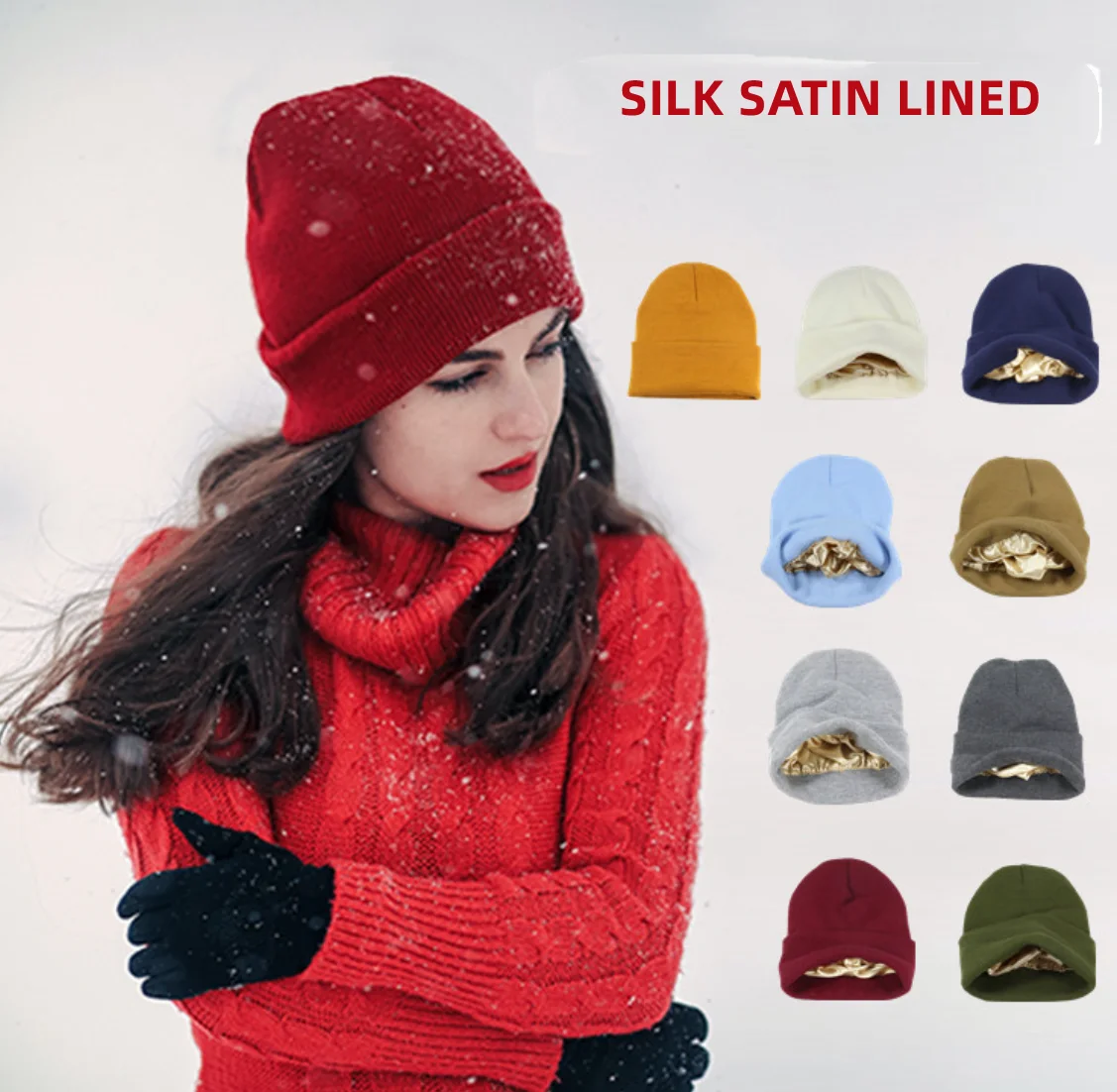 

Winter Women's Hat Satin Lined Beanie Cap For Men Chunky Silk Bonnet Hat For Women Skullies Caps Male Female Balaclava Hats