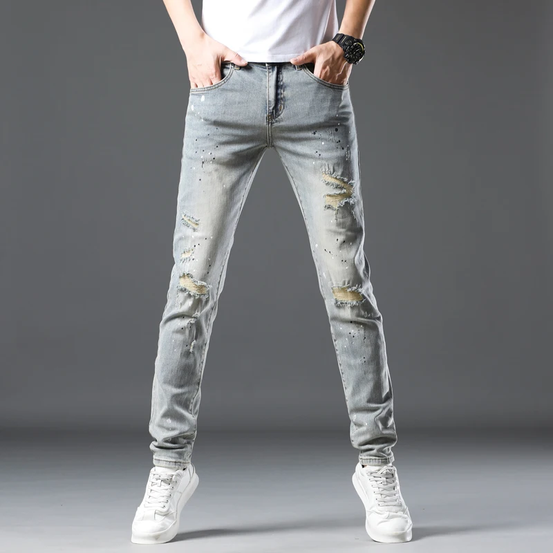 Light Blue Jeans Men Pants Skinny Stretch Hiphop Distressed Patchwork Destroyed Moto Biker Jeans Male Punk Style  Painting