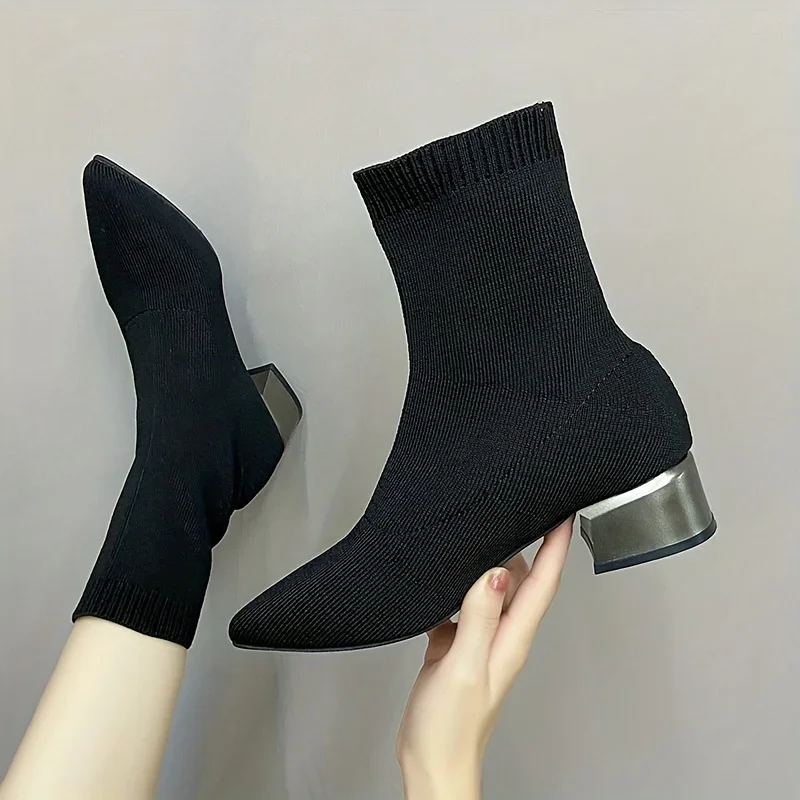 

2025 Winter New Women's Knitted Ankle Boots Pointed Toe Stretchy Chunky med Heels Fashion Sock Short Botas de mujer