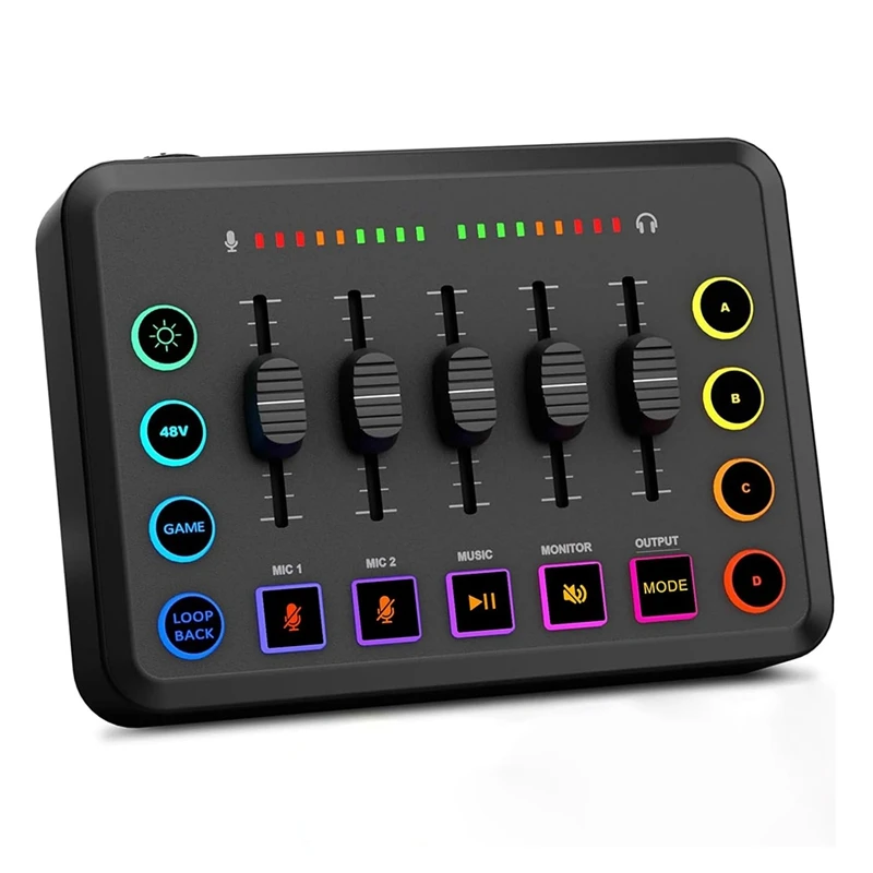 

Gaming Audio Mixer, Streaming RGB PC Mixer With XLR Microphone Interface, Volume Fader, 48V Phantom Power For Podcast