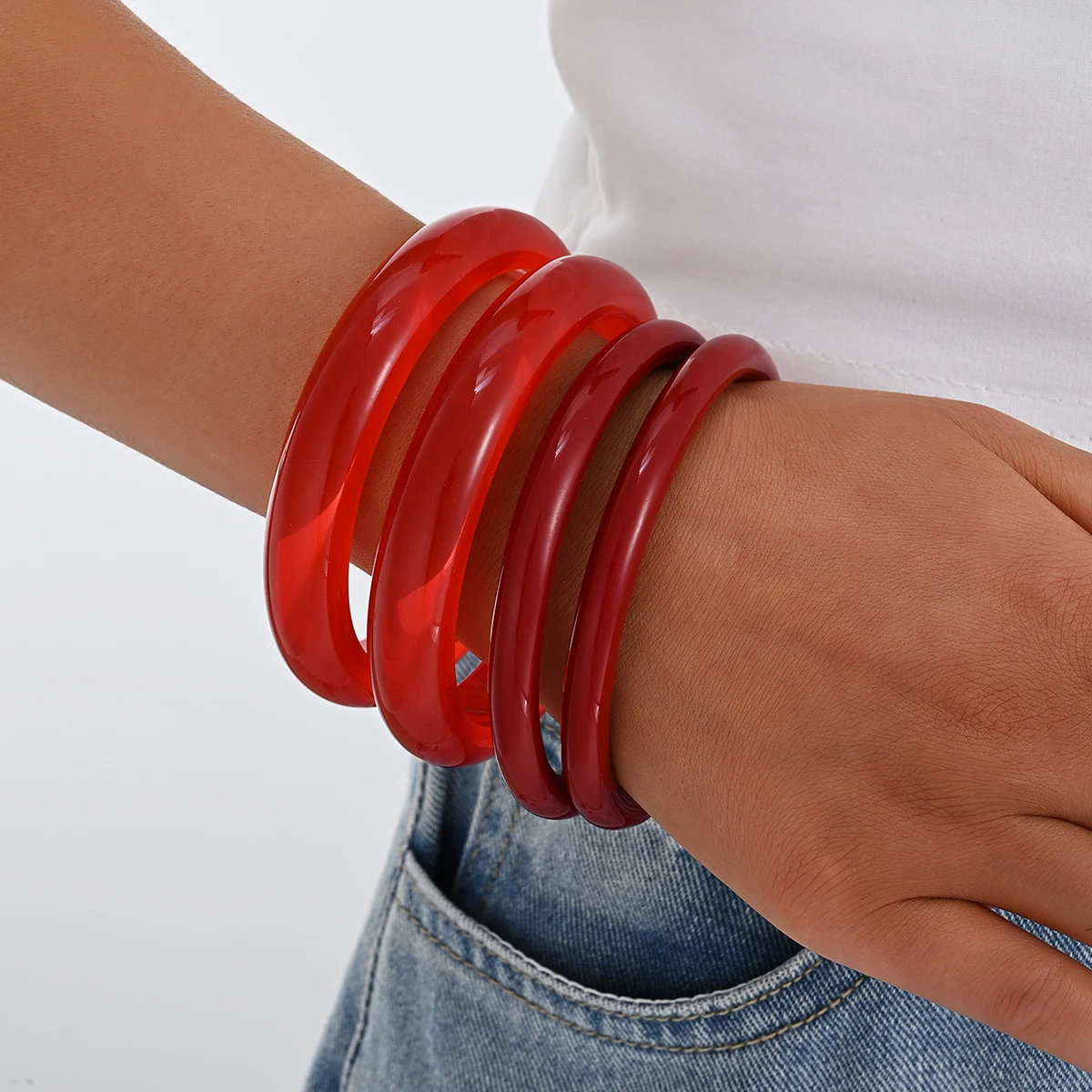 4pcs Boho Red Acrylic Resin Chunky Bangles Set for Women Vintage Geometric Charm Punk Wide Hip Hop Metal Cuff Bracelet Jewelry