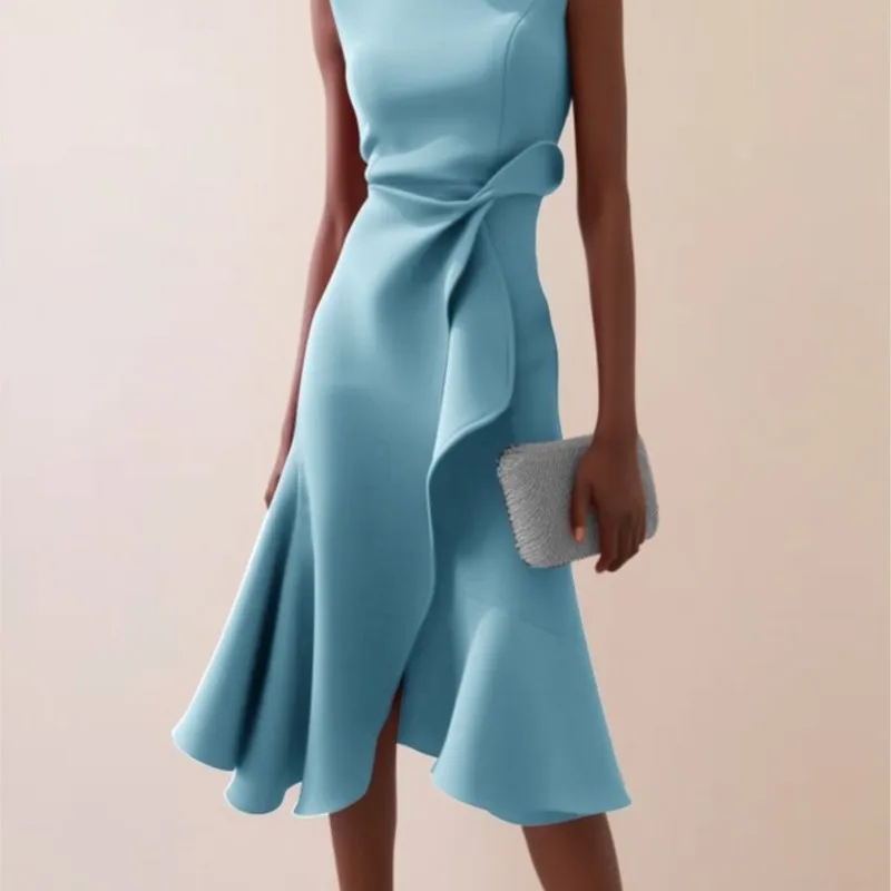 

Summer Sleeveless Knot Ruffle Irregular Dress Woman Sexy Crew Neck Solid Midi Dress Spring Slim A-Line Party Dresses Vestidos