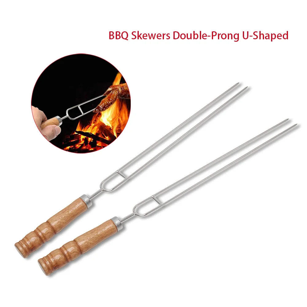 

5pcs/10pcs BBQ Skewers Double-Needle U-Shaped Stainless Steel Grill Fork with Wooden Handle | Outdoor Camping Barbecue Tools