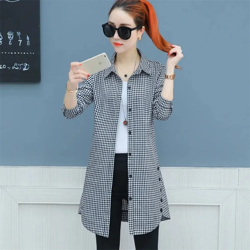 Women's Long Plaid Shirt Ladies Jacket 2025 Spring Summer New Korean Coat Long Sleeve Loose Bottoming Shirt Female Fashion Tops