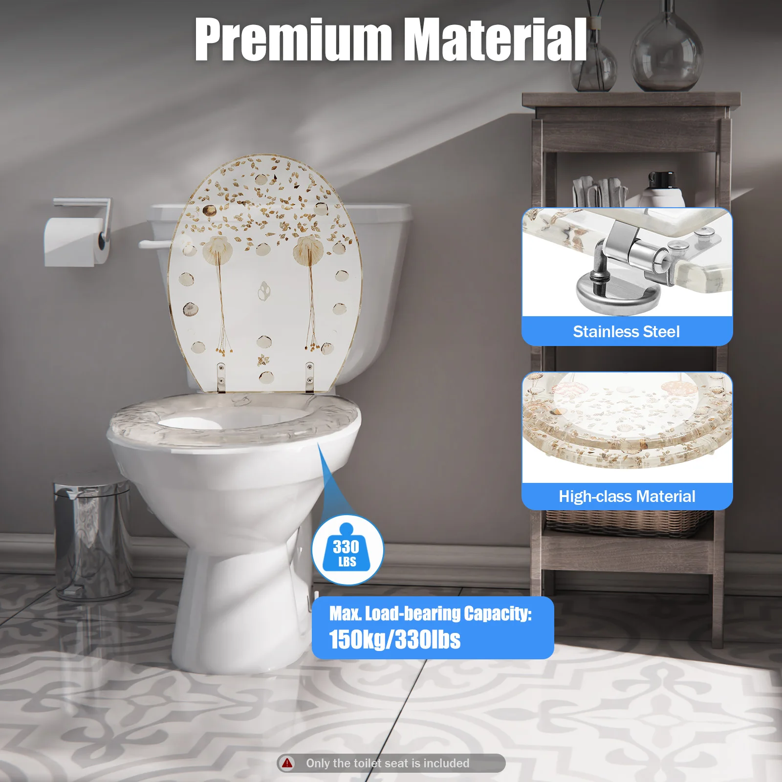 

Beautiful Resin Toilet Seat Cover Stainless Steel Slow Down Toilet Cover 330lbs Loads u/v/o Universal For Most Toilets In Home