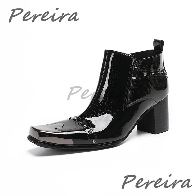 Black Leather Rivet Ankle Boots Metal Square Toe Side Zipper Thick High Heel Chelsea Boots Spring Autumn Fashion Women's Shoes
