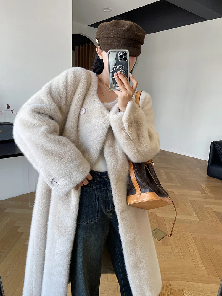 BZVW Korean Imitation Mink Fur Coat Women\'s O-neck Double Breasted Solid Color Mid Length Coats 2024 Autumn Winter New 25A8890