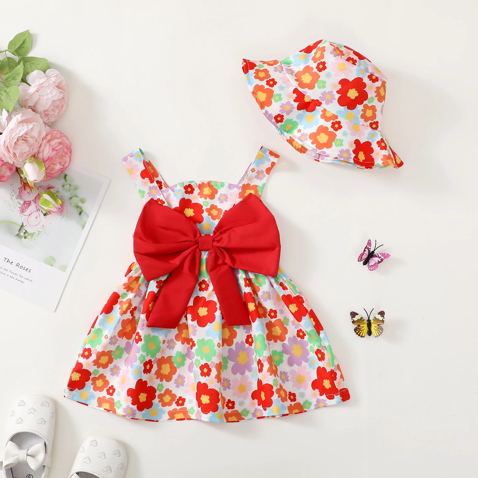 4 Color /2PCS Dress Clothes Set Baby Girl Flower Sleeveless Dress with Bow+Hat Summer Fashion Cute Wear for Toddlers Age 0-3