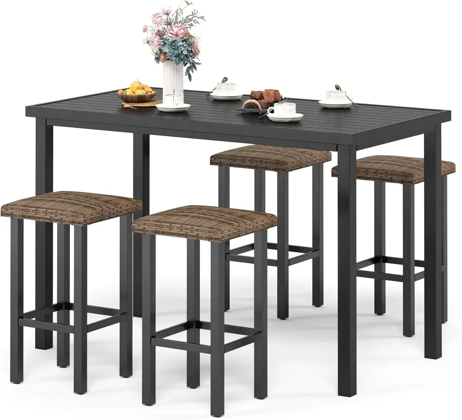 5 Pieces Outdoor Patio Bar Set for 4, Patio High Dining Table and Chairs Set, Patio Bar Table and 4 Rattan Bar Stools, Outdoor C