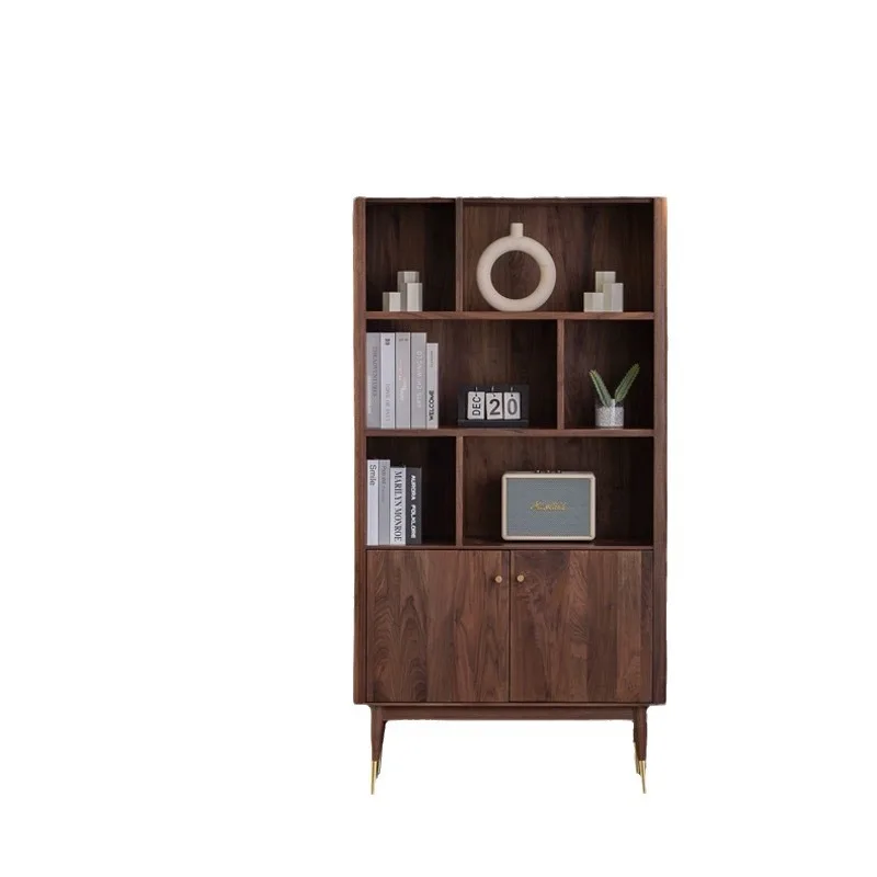 Solid wood bookcase All solid wood Modern simple study Magazine cabinet Floor to wall Storage Black walnut combination bookcase