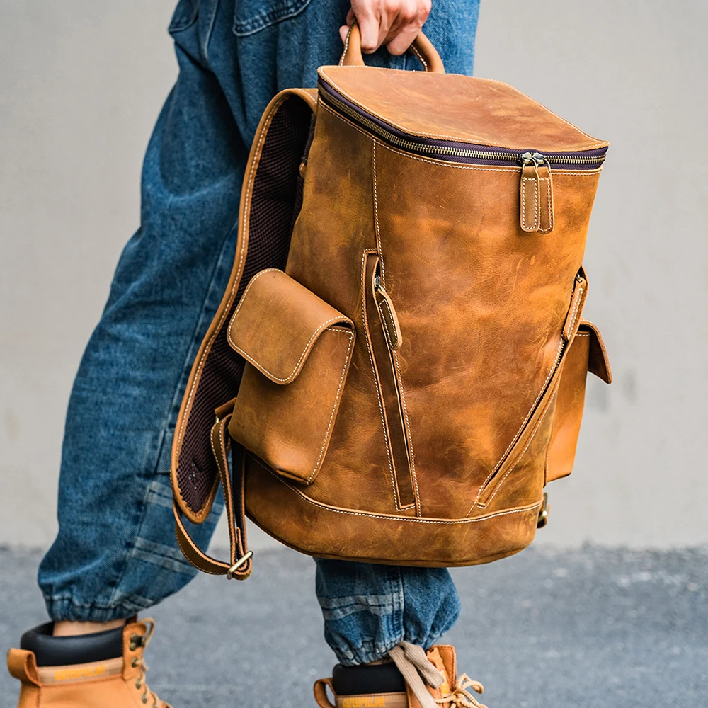 Crazy Horse-mochila Retro de gran capacidad para hombre, morral de viaje para exteriores Mochila de cuero para ordenador