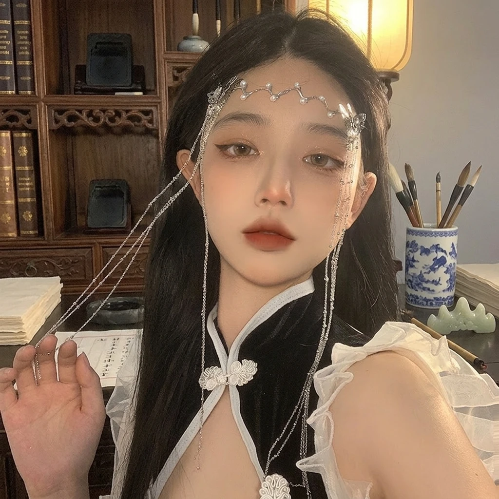 Butterfly Pearl Fringe Hairpiece For Hanfu And Stage Performance With Alloy Material
