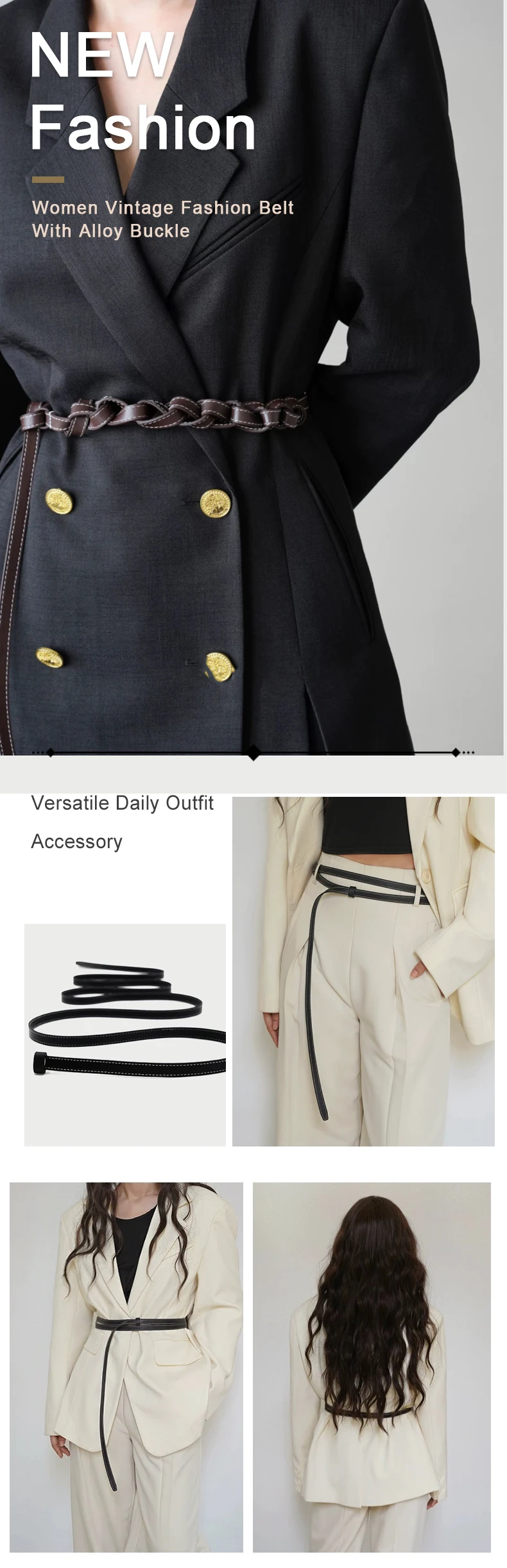 Dünner Damengürtel aus echtem Leder, Doppelschlaufe, geknotet, kleine Gürtel, vielseitige dekorative Leder-Taillenkette für Damen – Detail 1