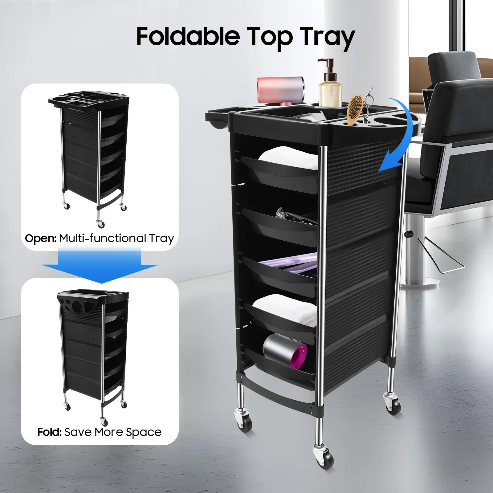 5-stufiger Salonwagen mit großer Kapazität für die Friseursalonstation, platzsparender rollender Schönheitswagen für zusätzliche Aufbewahrung,