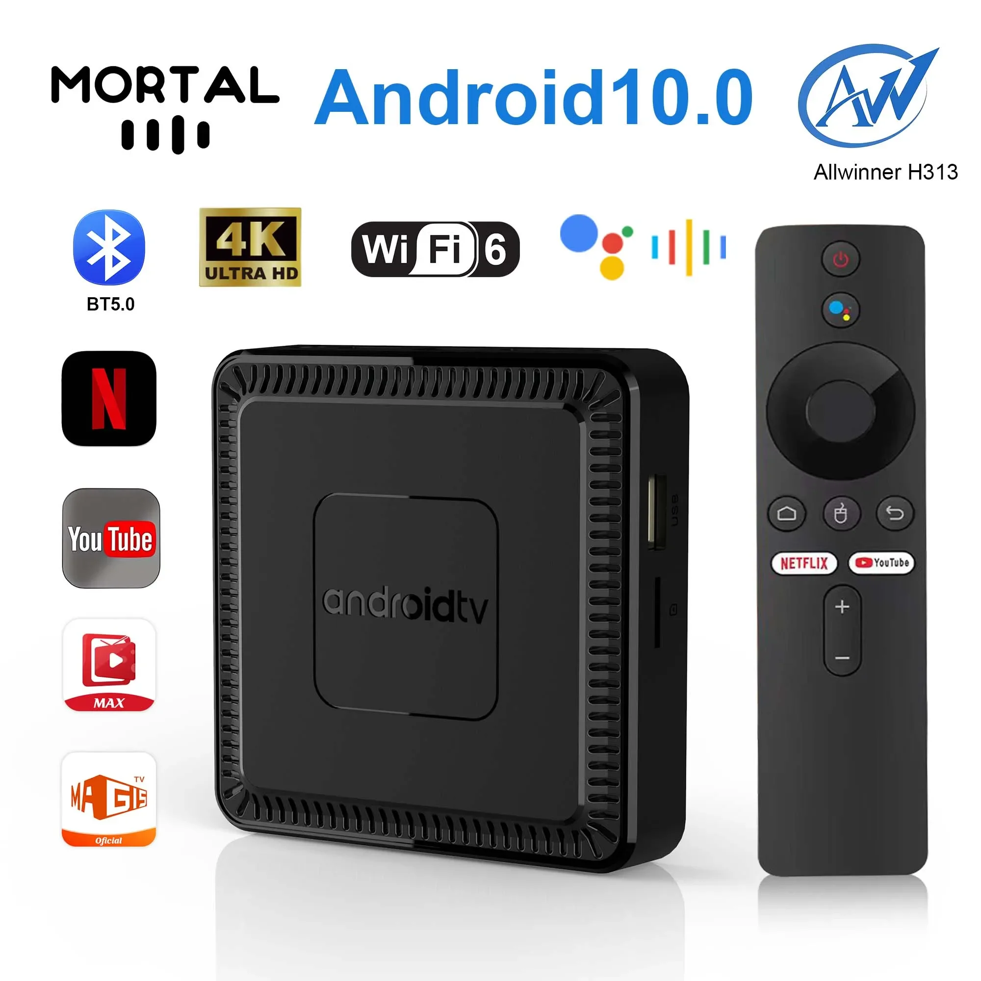 

Mortal Q7 Android10 Smart Theater TV Box AllwinnerH313 Google Assistant Netflix Bluetooth chromecast LAN Streaming Media Player