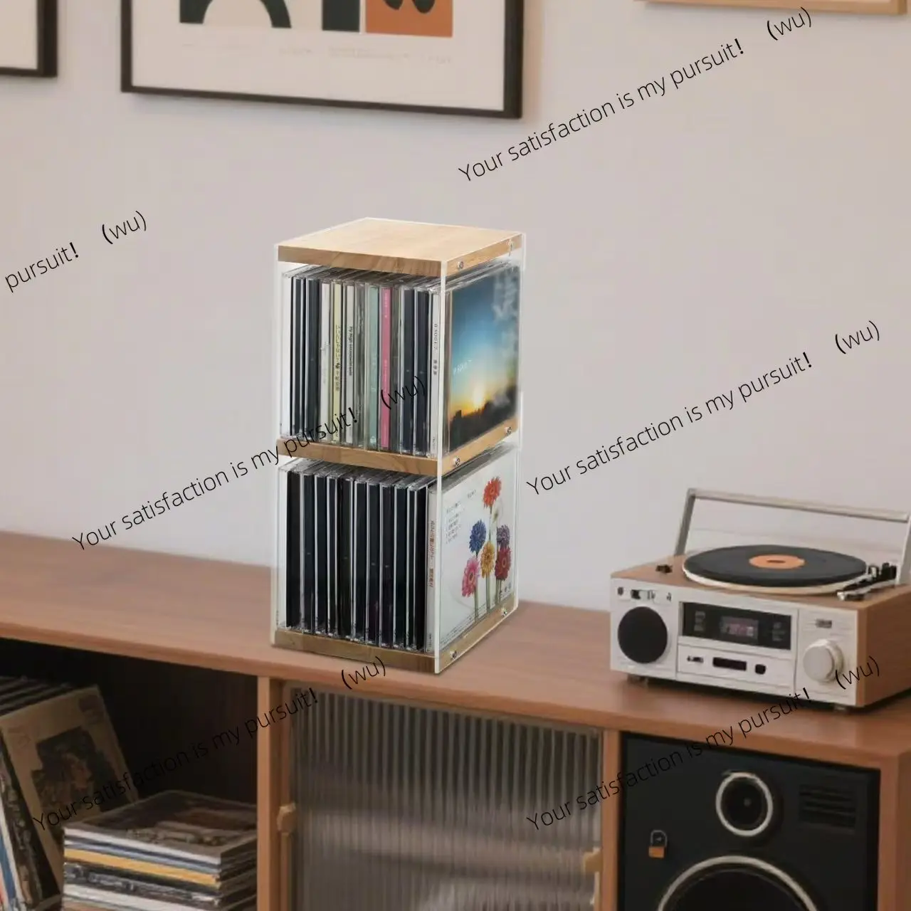 ZOCI-Wooden Storage Box Bar Desktop Album Playlist Finishing Acrylic Large Capacity Record Rack