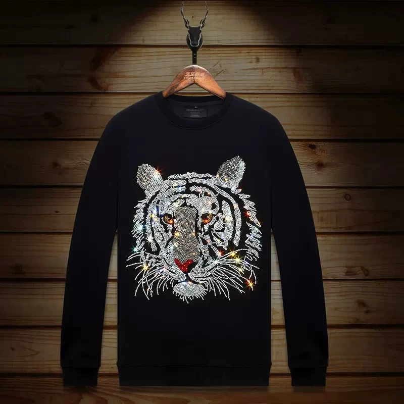 

2023 Men Hoodies Sweatshirts Tiger Head Diamonds Fashion Streetwear Full Pullover Hoodie Slim O Neck Cotton Mens Autumn Clothing