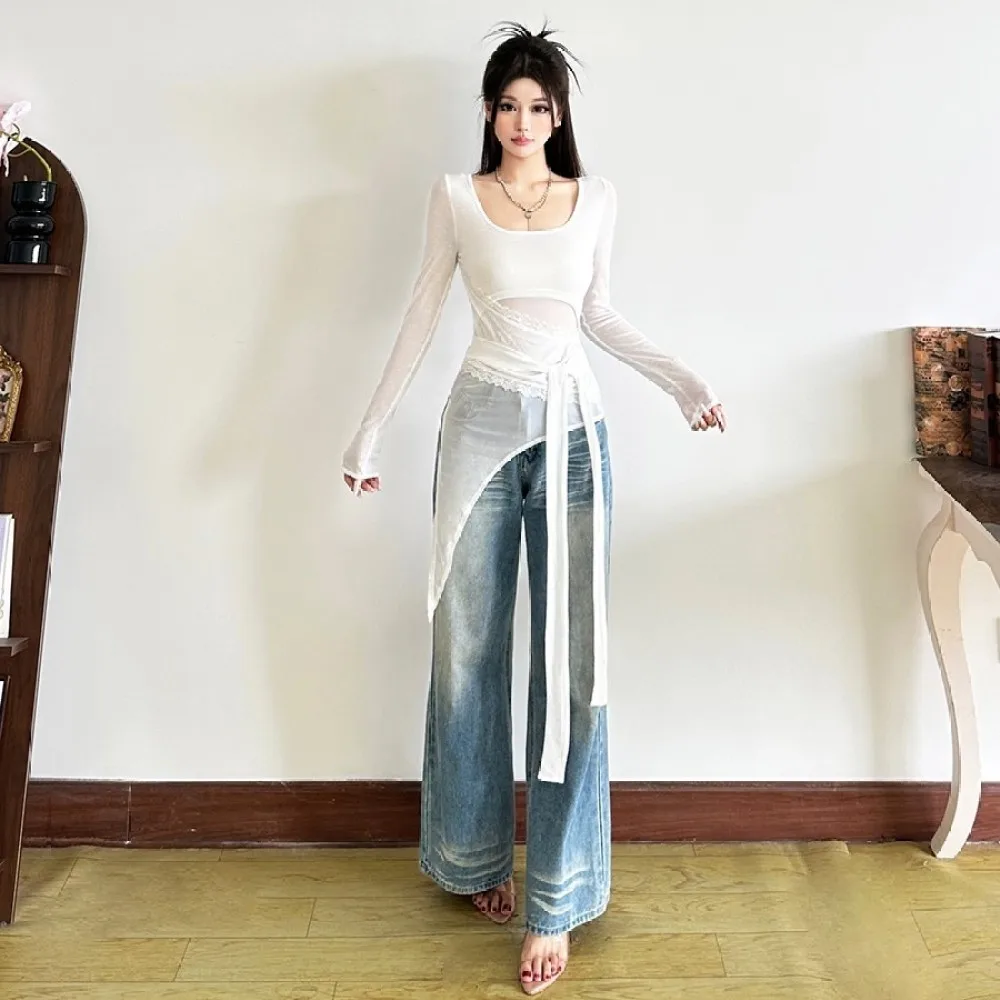 SylCue الدانتيل المرقعة تي شيرت امرأة U طوق كم كامل شبك الشريط غير النظامية تصميم هيم شارع العليا موضة ملابس أنيقة #5