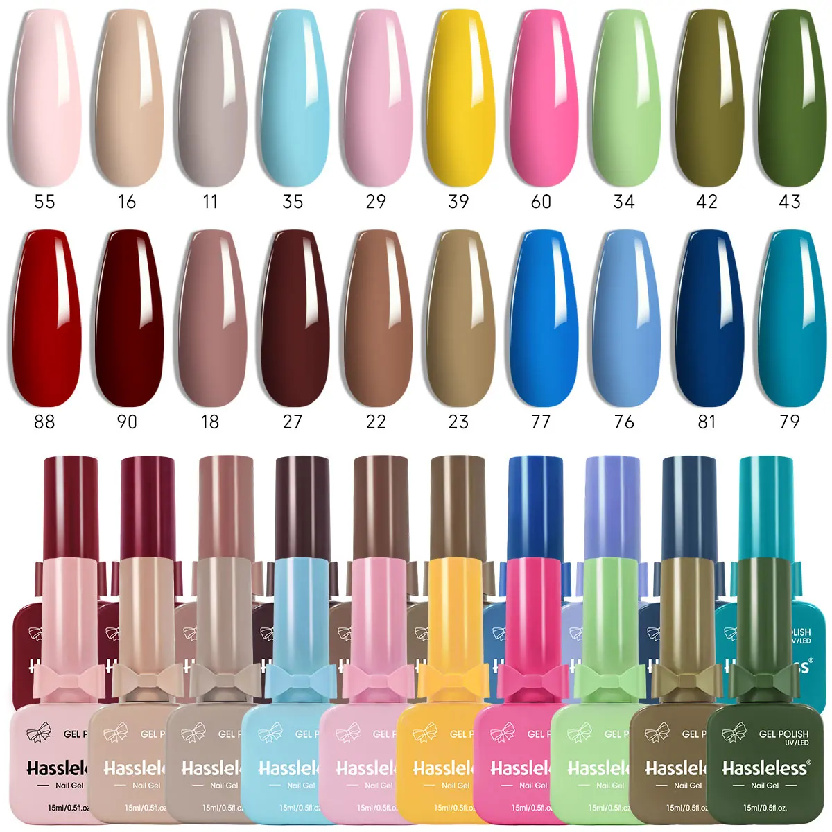 Hassleless Solid Color Gel Nail Polish, Multiple Trendy Shades Available. Professional Semi-Permanent Soak-Off UV/LED Nail Gel W