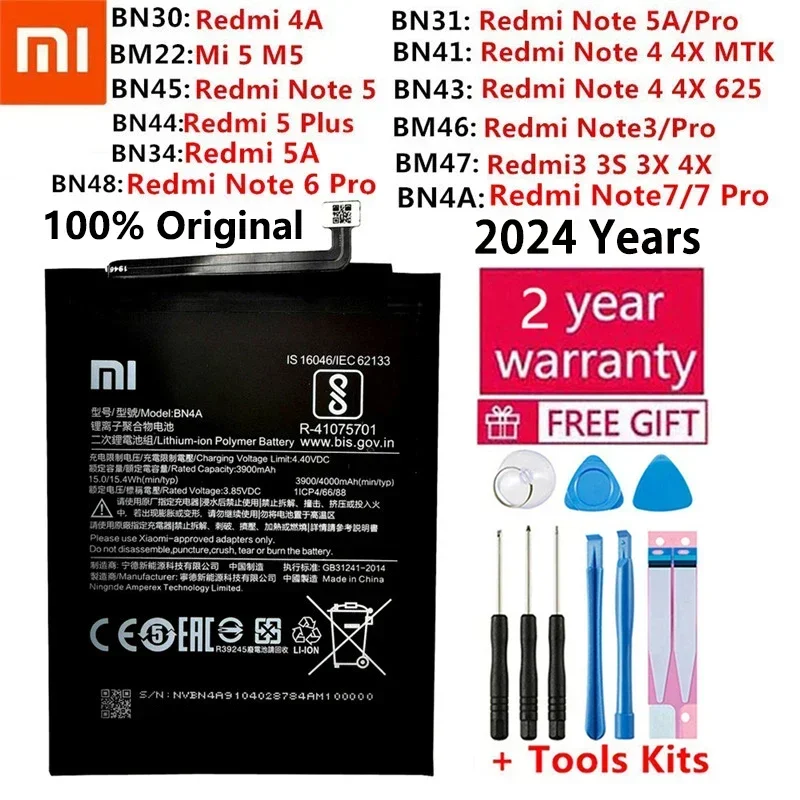 100% Original Replacement Battery For Xiaomi Redmi Hongmi Note MI A1 Y1 3 3S 3X 3 4 4X 4A 5 5A M5 5X Mi5 6 7 Plus Pro Batteries