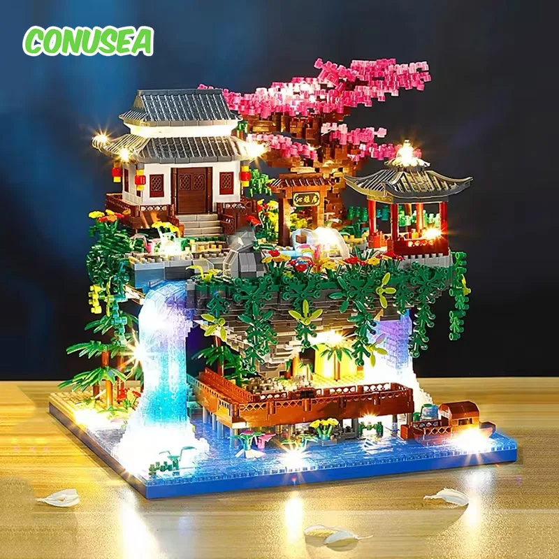 3661Pcs Building Block Set Chinese Architecture Model with Led Ancient Style Waterfall Construction Bricks Diy Toy Romantic Gift