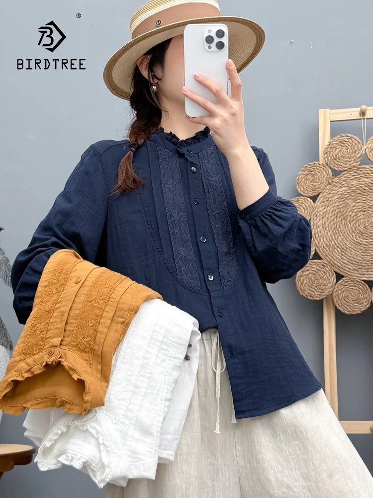 

New 2025 Autumn Cotton Yarn Long Sleeve Shirt, Women Ruffled Embroidery Patchwork, Mori Girl Temperament Loose Blouse T5N290CC