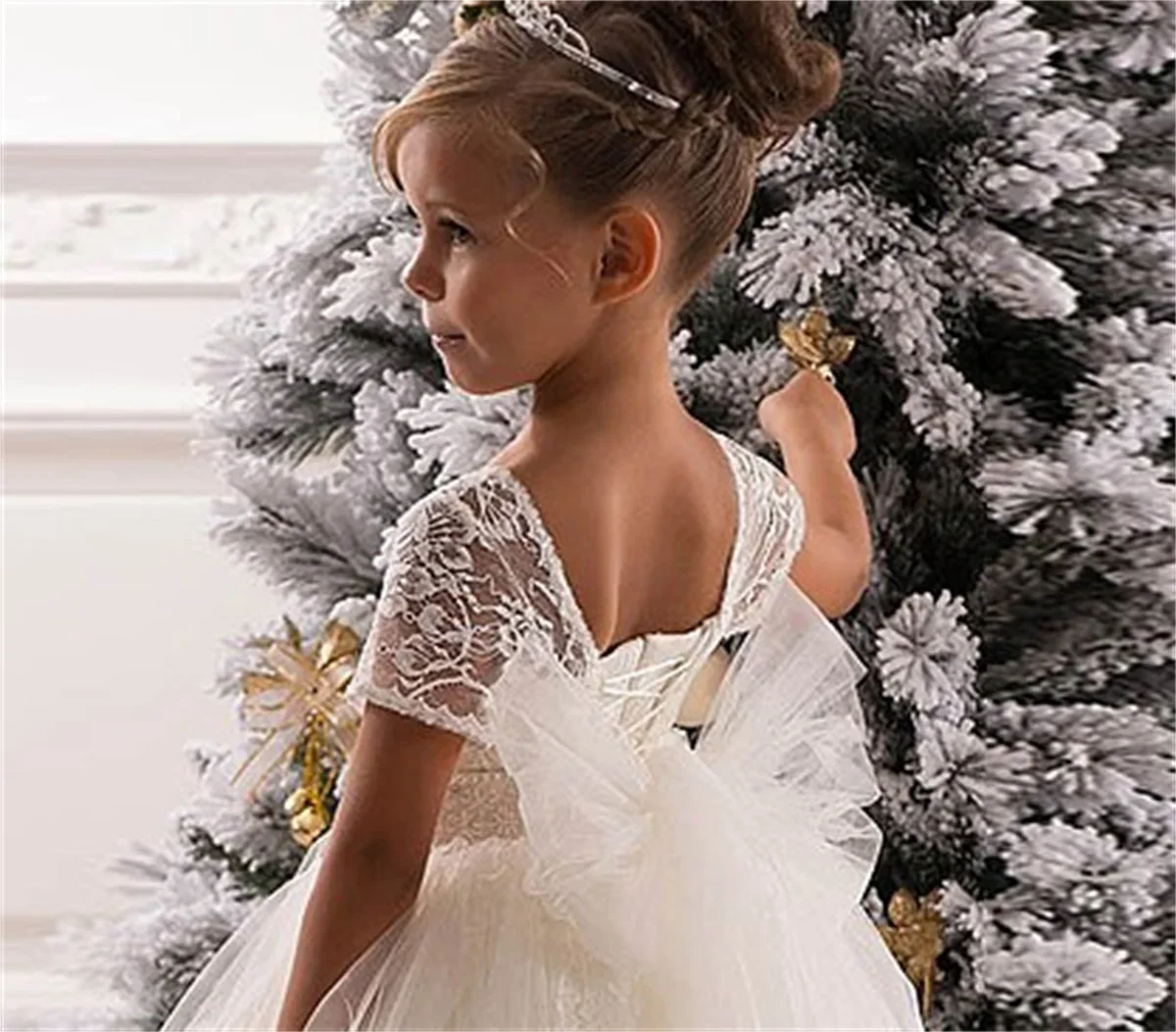 

White Fluffy Tulle Lace Long Bow Belt Flower Girl Dress Wedding Cute Little Flower Children's Eucharist Prom Dress