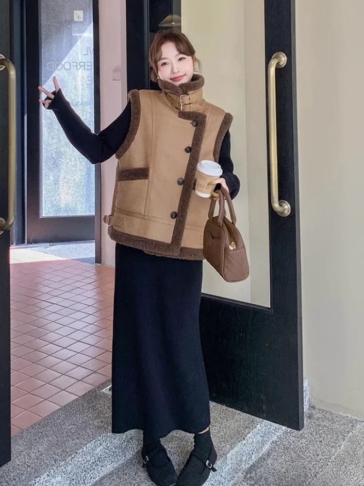 Maillard Brown Fur One Lambswool Vest Coat Women's Winter New Short Fashionable Elegant Thickened Coat Cotton Coat  Vests