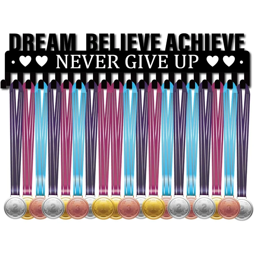 Medal Holder Display Hanger Rack Sport Dream Believe Achieve Never Give Up Metal Wall Mount with 20 Hooks for Race Runner Player