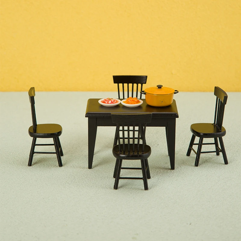1:12 Dollhouse Kitchen Restaurant Mini Dining Table Food Black Table Chairs Scene Model Wooden Furniture Decor Toy Accessories
