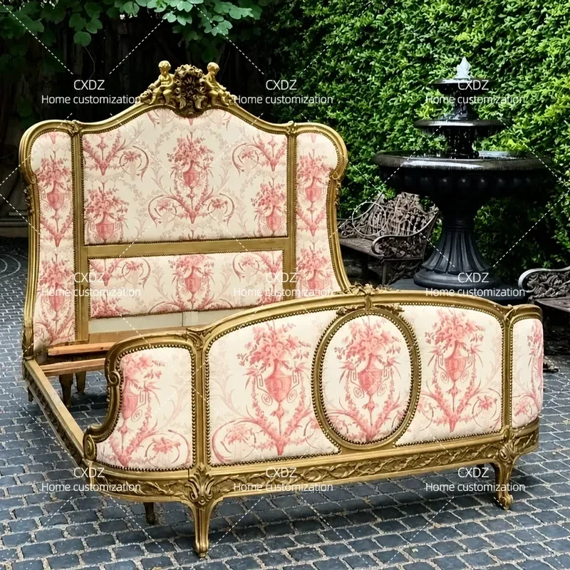 French Retro Solid Wood Double Bed Medieval Carved Princess Style Wabi Sabi Upholstered Fabric Single Bed Frame