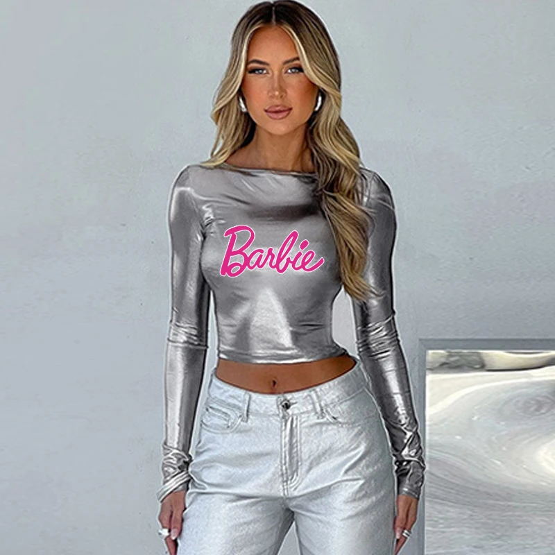 Barbie Fashion Slim Fit Navel Exposed Versatile Long-Sleeved Top Hot Girl European American Dress Solid Color Round Neck T-Shirt