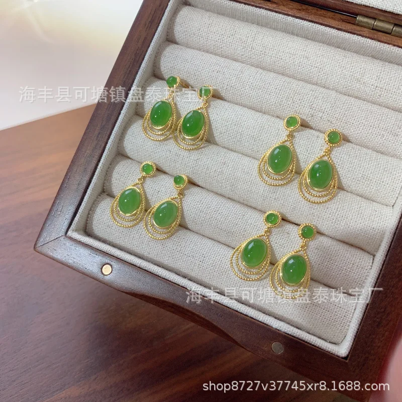 Natural Hetian Jade Russian Jasper Design National Style Ear Studs S925 Silver Inlaid