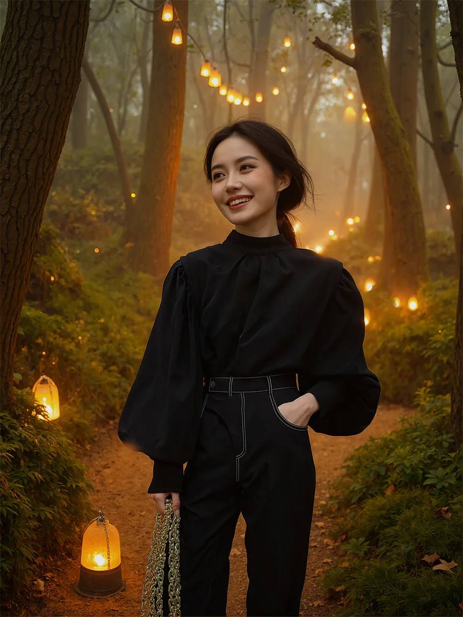 قميص امرأة س الرقبة نصف الياقة العالية الكورية نمط مطوي اللوحة الأمامية زر تصميم أنيق سيدة العمل مكتب أنثى بسيطة الأساسية