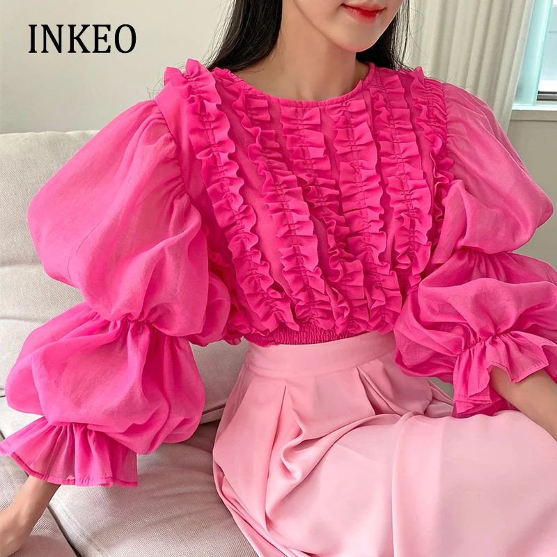 Pretty women\'s Ruffled blouses 2022 New Pink Slim O-neck long puff sleeve tops female shirt Beach Designer clothing INKEO 2T167