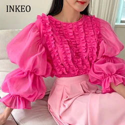 Pretty women's Ruffled blouses 2022 New Pink Slim O-neck long puff sleeve tops female shirt Beach Designer clothing INKEO 2T167