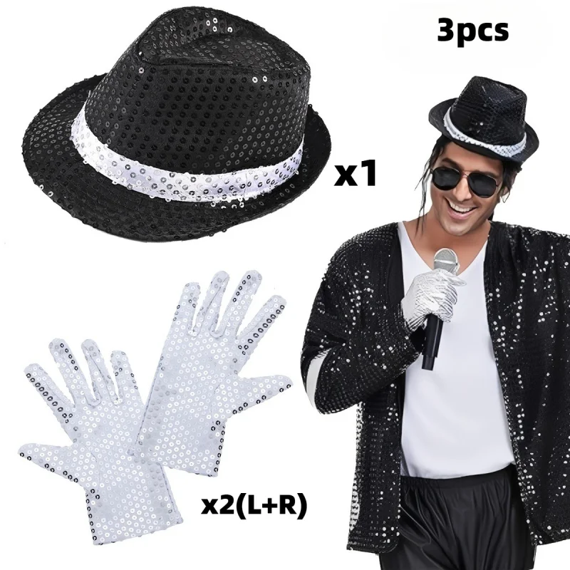 3pcs Music Star Costume Set for Pop Stage Halloween Dancer 1 Hat 1Pair Gloves for Cosplay Dancing Party Accessories