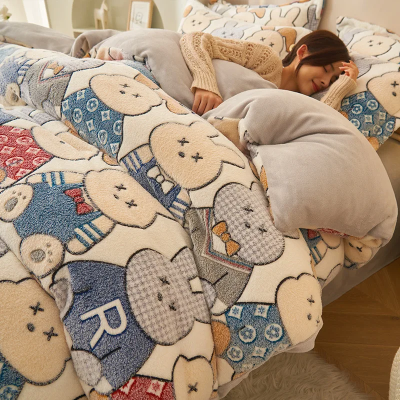 Cartoon Jacquard Snowflake Velvet Duvet Cover Cute Pattern Soft Fluffy Quilt Cover for Adult Kids Warm Bedding for Autumn Winter