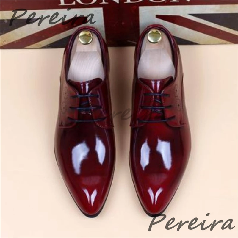 Red Blue Pointy Toe Derby Shoes for Men Fashion Patent Leather Lace-Up Oxfords Comfortable Soft Soled Casual Business Shoes