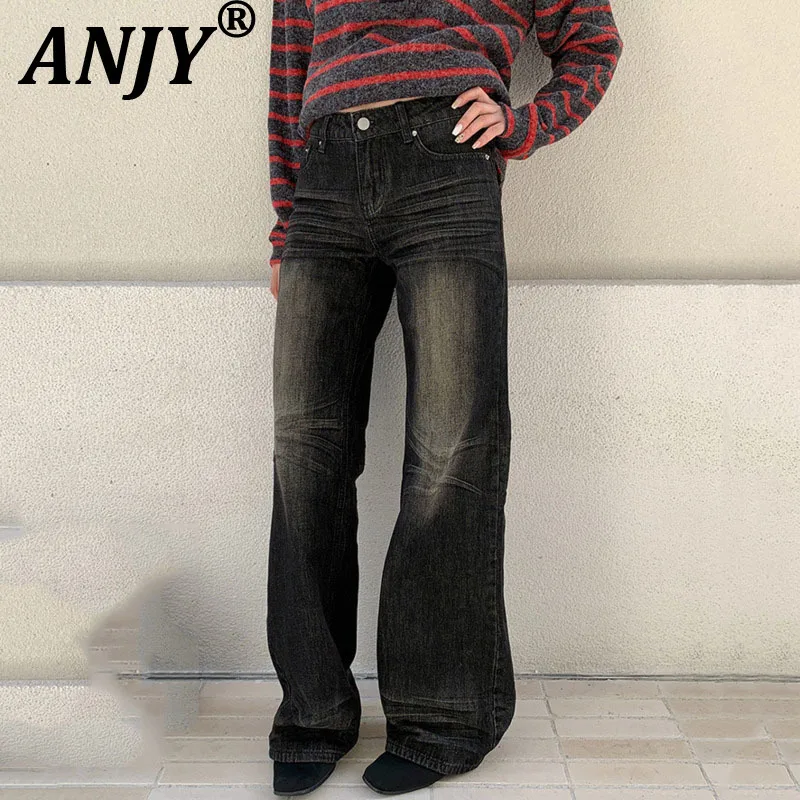 

ANJY Autumn Winter New Women American Fashion Elegant Bootcut Jeans Trendy Personality Scratch Pattern Casual Denim Pants A17731