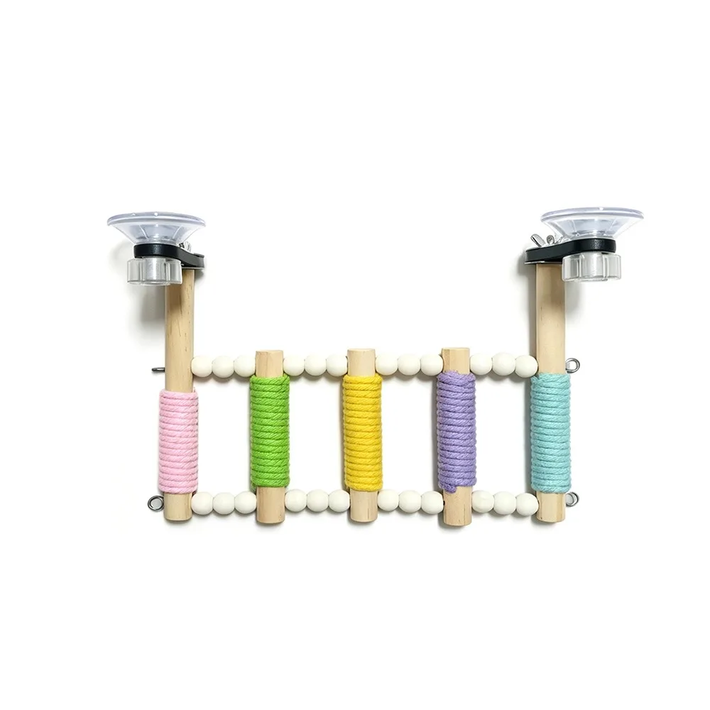 Colorful Bird Cotton Rope Ladder 5/6/7/8//9/10 Steps Suction Cup Wooden Bird Perch Anti-anxiety Cotton Rope Wrapped