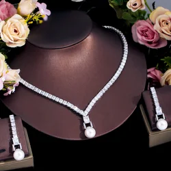 CWWZircons Shiny Cubic Zircon Bridal Wedding Pearl Necklace Earrings Evening Dinner Party Costume Jewelry Sets for Women T673