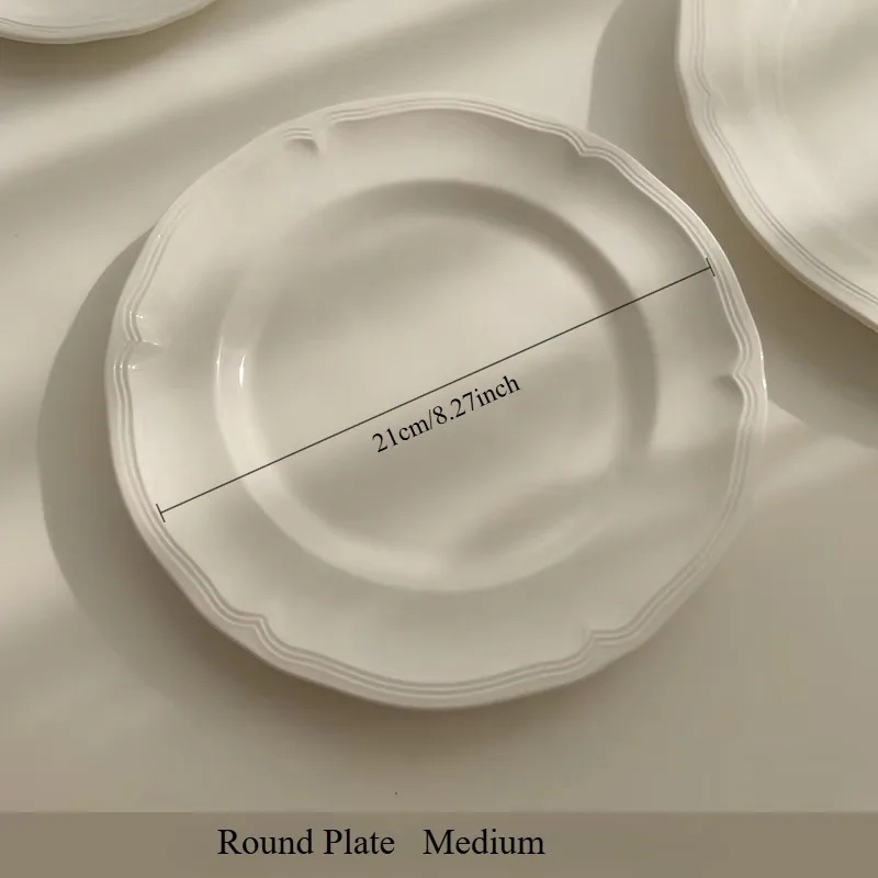 French Vintage White Embossed Ceramic Plate, Floral Lace Breakfast & Dessert Dish, Elegant Retro Tableware for Home Dining