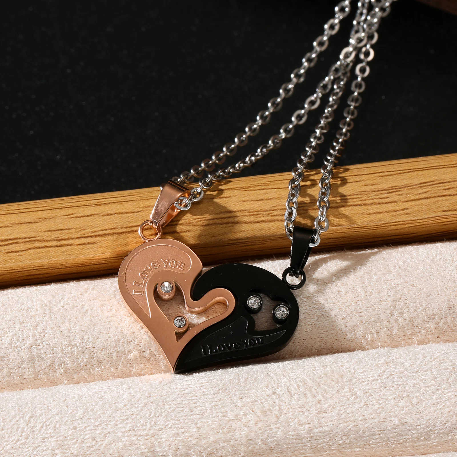 Couple Heart Puzzle Necklaces Set, Black & Rose Gold Matching Necklaces with 