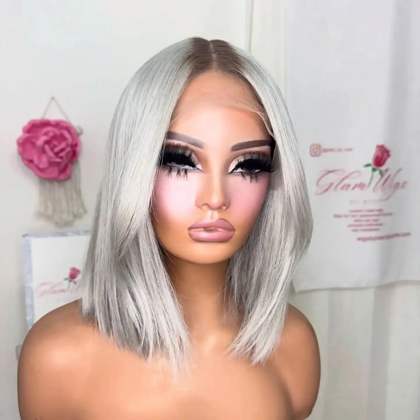 Bob Natural Straight Wigs Gray Sliver Blonde Synthetic Wigs with Dark Roots Not Knotted 13*4 HD Invisible Lace Wigs For Women