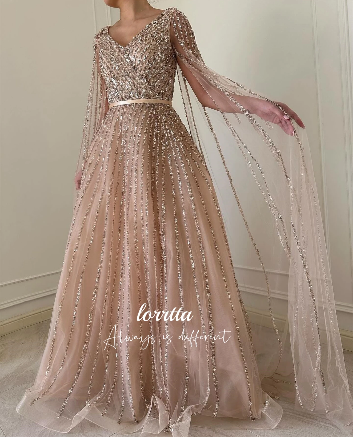 Lorrtta-Robe de Soirée en Tissu Brcorporelle Ligne A, Luxueuse, Châle Formel, Col en V, pour les Occasions Spéciales, Bal Personnalisé