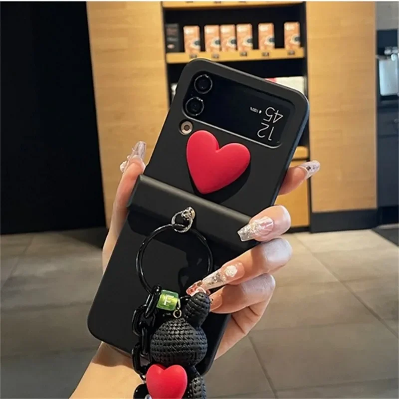 เกาหลีน่ารัก 3D หัวใจสีแดงรักสานหมีจี้สําหรับ Samsung Galaxy Z Flip 3 Flip4 กันกระแทก