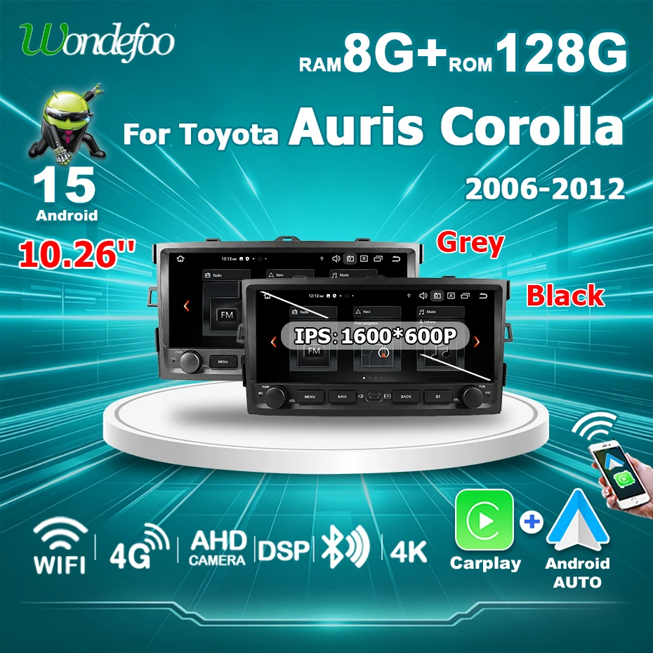 Autoradio Android 15 con Carplay Wireless a 8 Core, Schermo da 10.26'' per Toyota Auris Corolla 2006-2012, Navigazione GPS, Lettore Multimediale, WIFI, 4G, BT