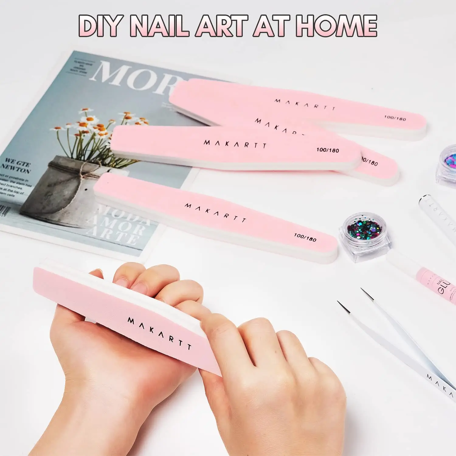 Makartt Nail Buffer Block Nail Prep Sponge Nail Files 100/180 Grit Pink Nail Sanding Buffer for Acrylic Nails 10Pcs