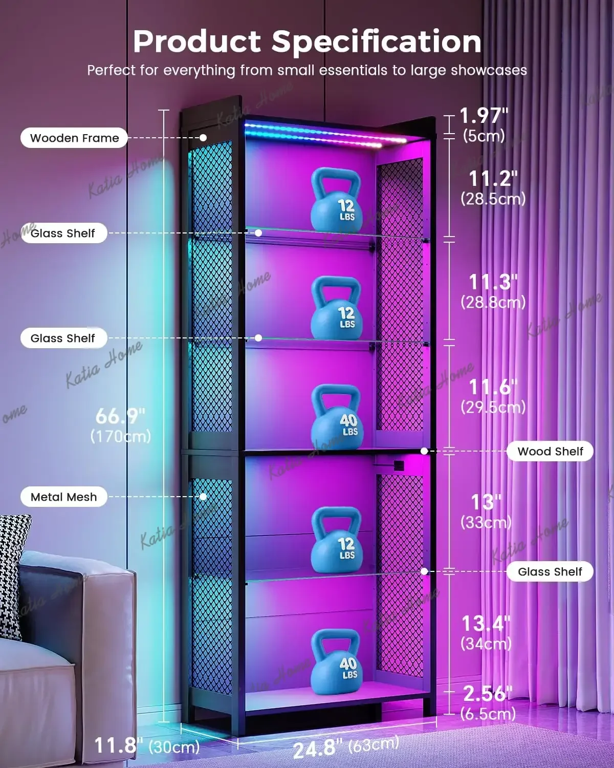 PG 5-Tier Display Case with Glass Shelves & LED Lights, Black